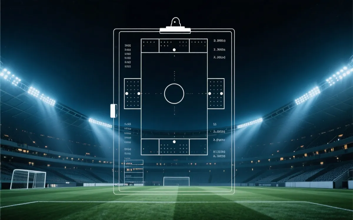 现代世界杯球场夜景与战术板叠加,数据感与激情并存