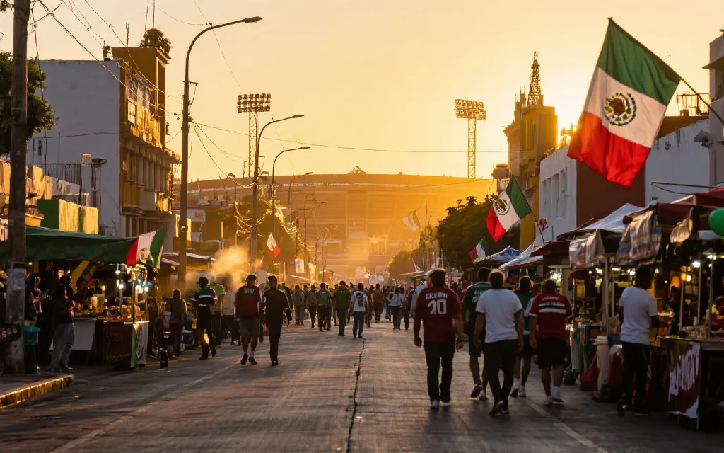 瓜达拉哈拉比赛日街区氛围：黄昏人流、旗帜与通往球场的步行路线